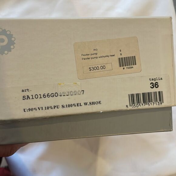 POLLINI PEWTER LEATHER BLOCK HEEL PUMPS. NEW - Picture 8 of 8